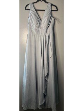 New Blue Gray Chiffon Prom Dress V-Neck Flowing Formal Gown No Size Tag bride